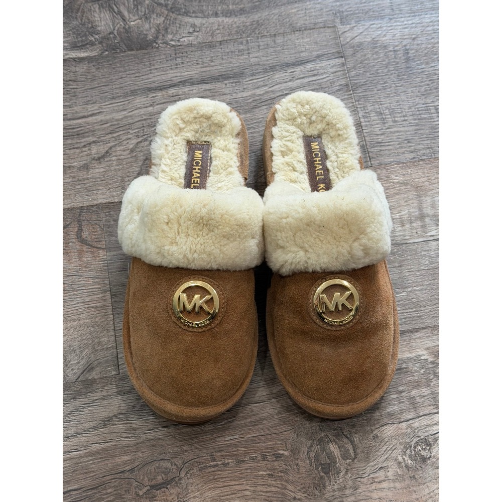 Michael Kors Janice Suede Faux Fur Scuff Slippers Tan Gold MK Logo Size 8M